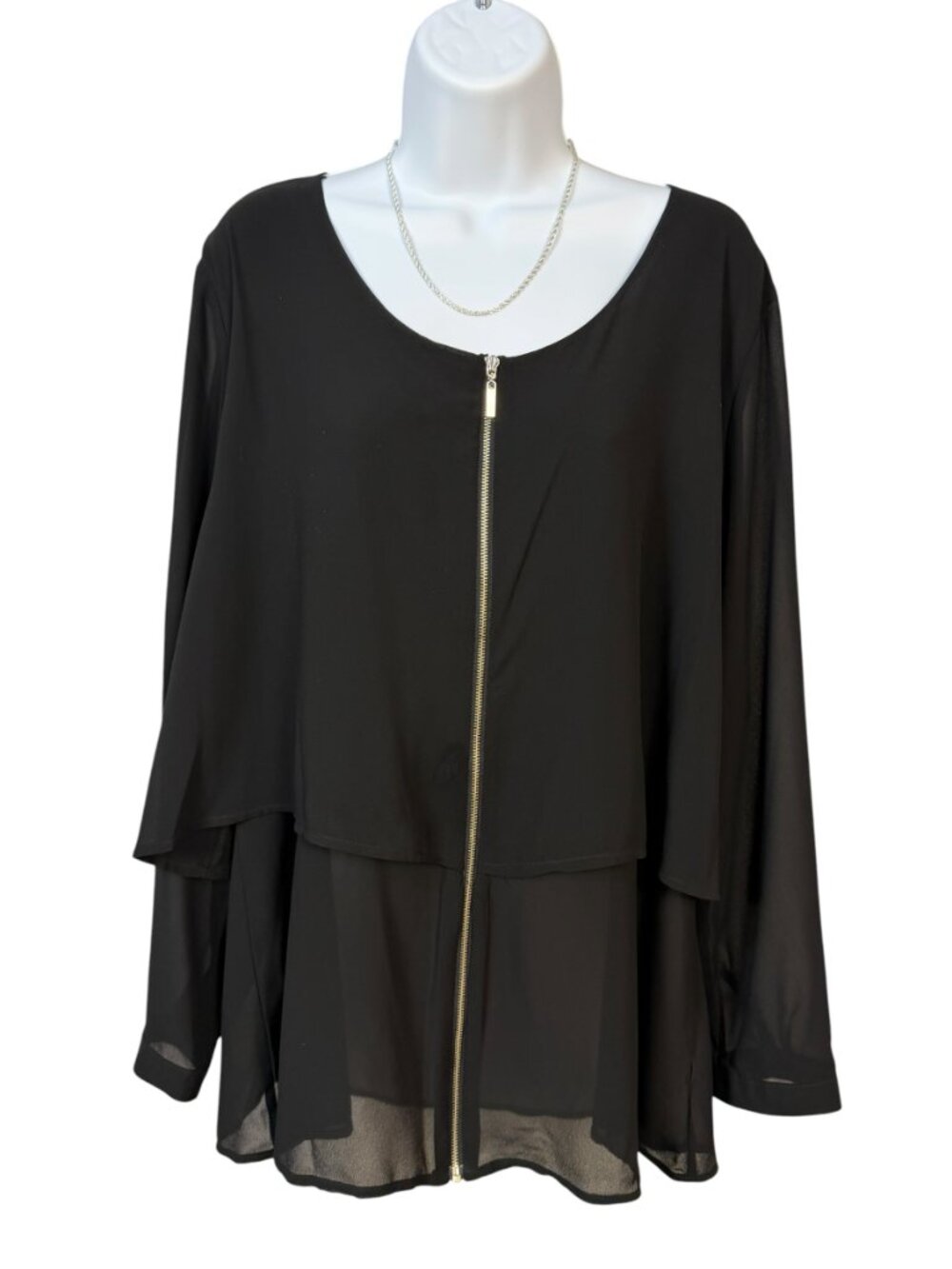 NY Collection XL Black Sheer Layered Full Zip Blouse Flowy Chic Top